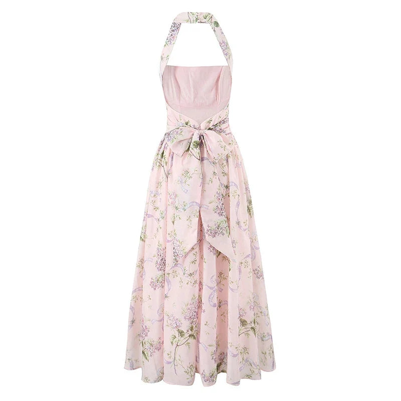 YENKYE Pink Floral Print Sexy Backless Sleeveless Dress Women Low Waist Sexy Slit A-line Midi Long Holiday Summer Dresses 2025