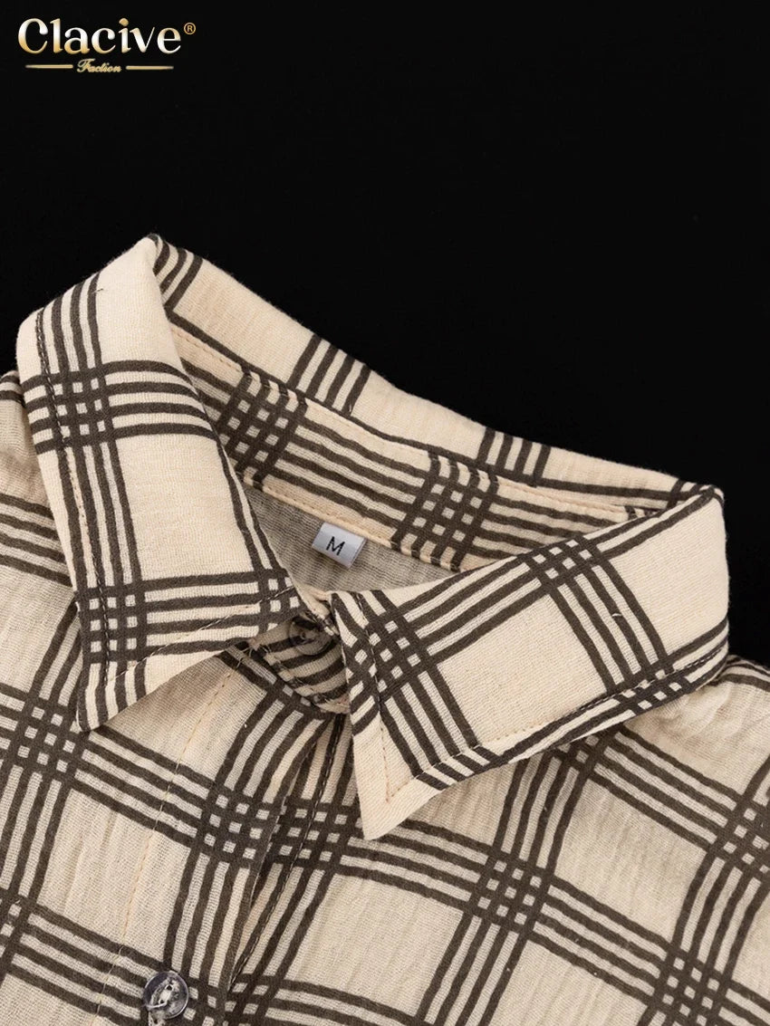 Clacive Fashion Loose Plaid Cotton Shorts Sets For Women 2 Piece Elegant Long Sleeve Shirt + Tube Top With High Waist Shorts Set