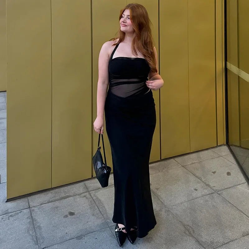 Cryptographic Elegant Halter Sexy Mesh Sheer Cut Out Maxi Dress Club Party Long Dresses Outfits Asymmetrical Ruched Gown Summer