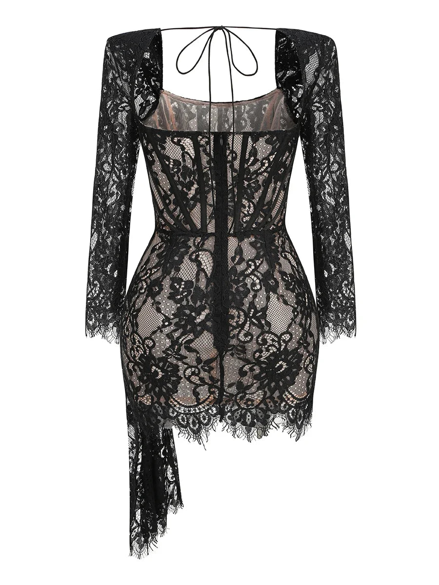Sexy Long Sleeve Lace Corset Draped Mini Dress Women Black Square Collar Backless Ruched Bodycon Celebrity Party Runway Dress