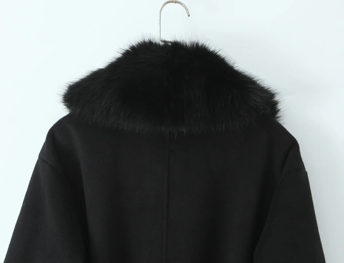 New Autumn Winter Black Shaggy Faux Fur Lapel Collar Woolen Coat Women Bow Sashes Long Sleeve No Button Midi Trench Outerwear