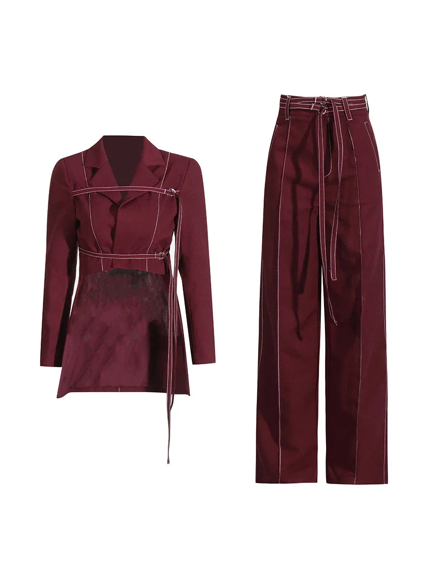 TWOTWINSTYLE Burgundy Two Piece Set For Women Notched Collar Long Sleeve Top High Waist Straight Pant Temperament Sets Female