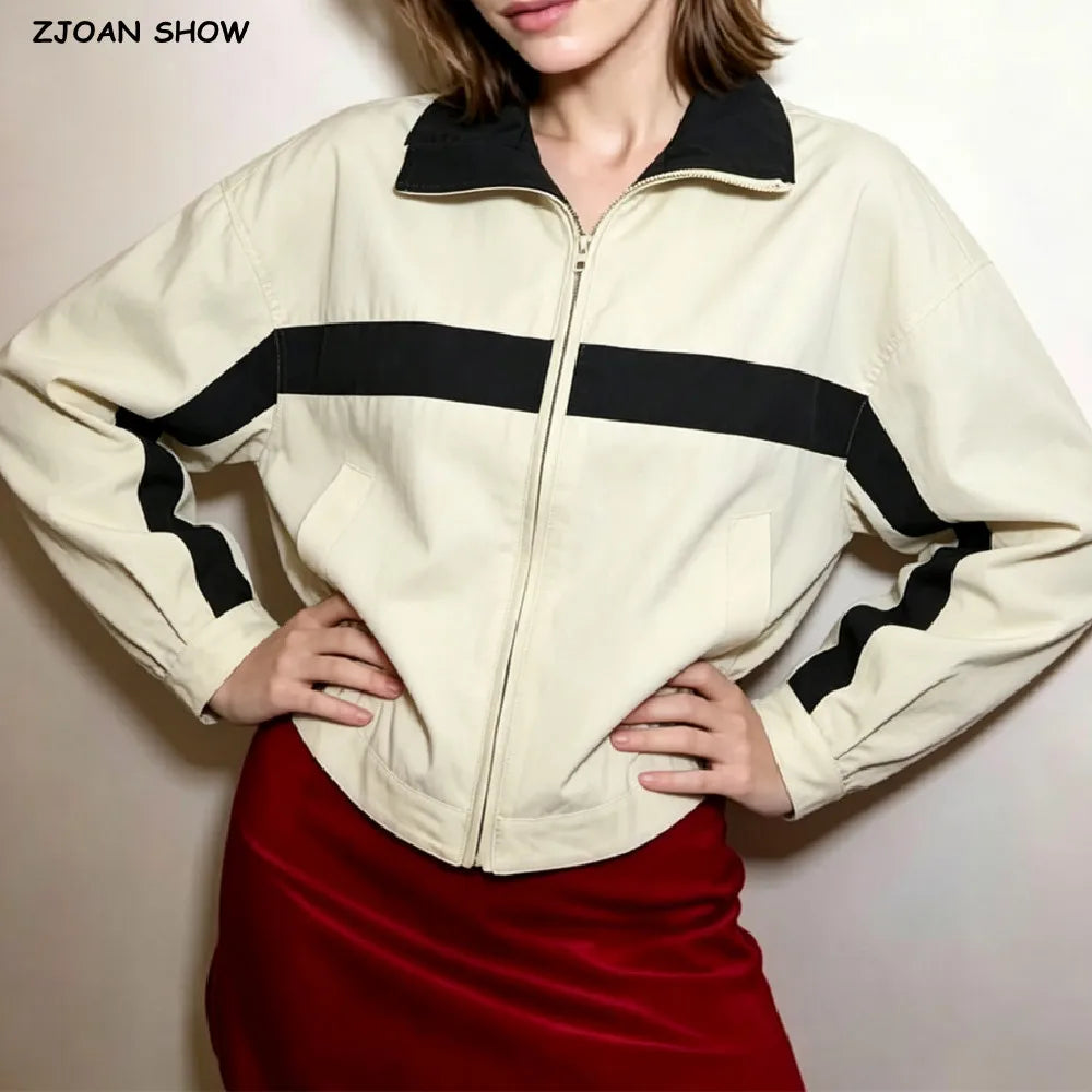 Autumn Contrast Color Zip Up High Collar Strip Safari Jackets Long Sleeve Windbreak Coat Loose Charge Outdoors Sports Outerwear