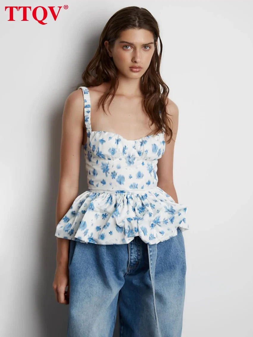 TTQV Sexy Slim Print Women's Tank Top 2026 Summer Square Collar Sleeveless Crop Top Elegant Classic Pleated Tops Female Clothing