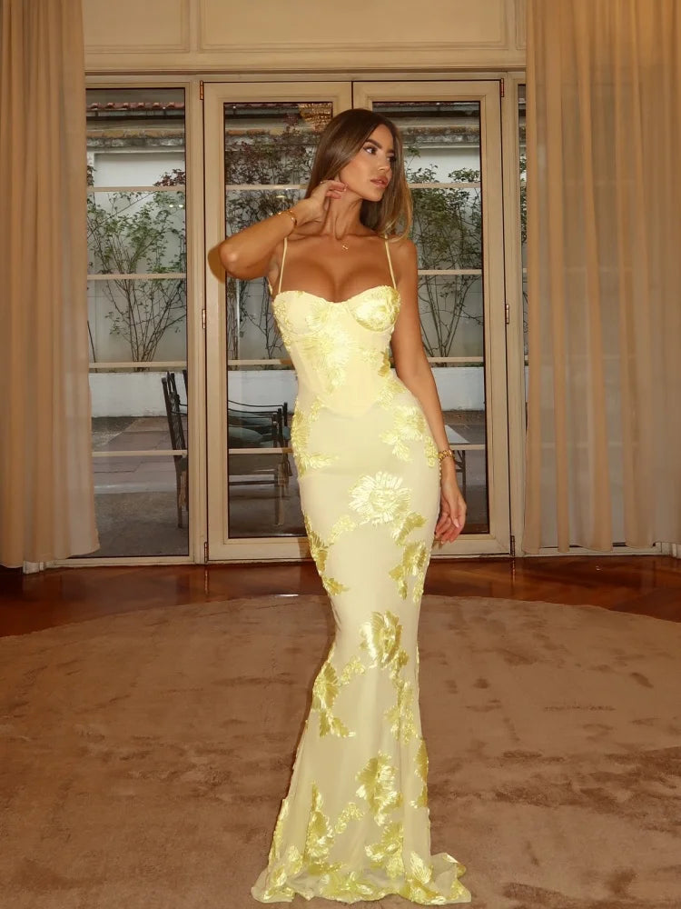 VC Elegant Yellow Floral Embroidered Mermaid Evening Dress for Women – Spaghetti Strap Corset Bodycon Maxi Gown Party Prom Dress