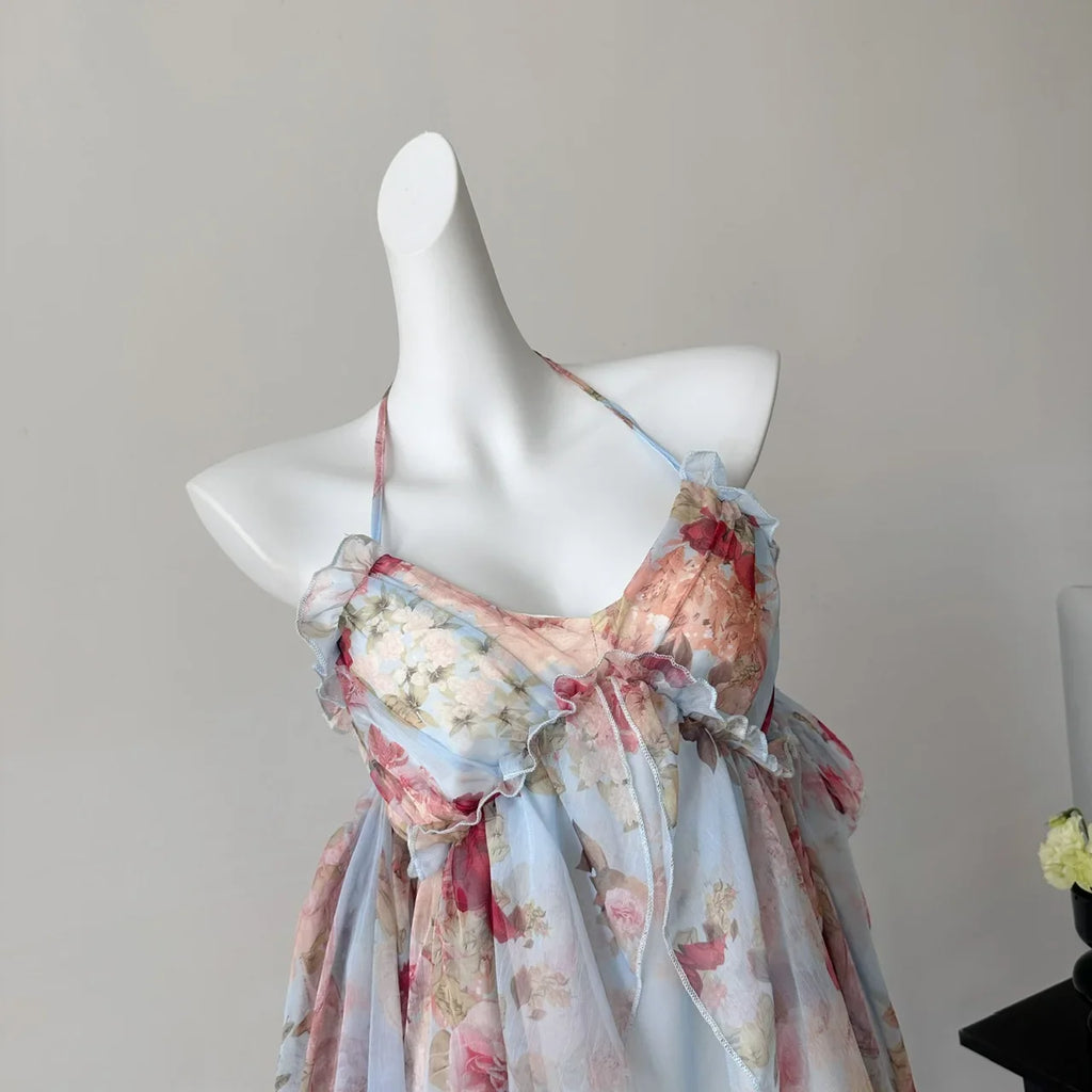 Summer French Vintage Mini Fairy Chiffon Floral Lantern Sleeve Dress Women Mori Romantic Frock Evening Court One-Piece Gyaru New
