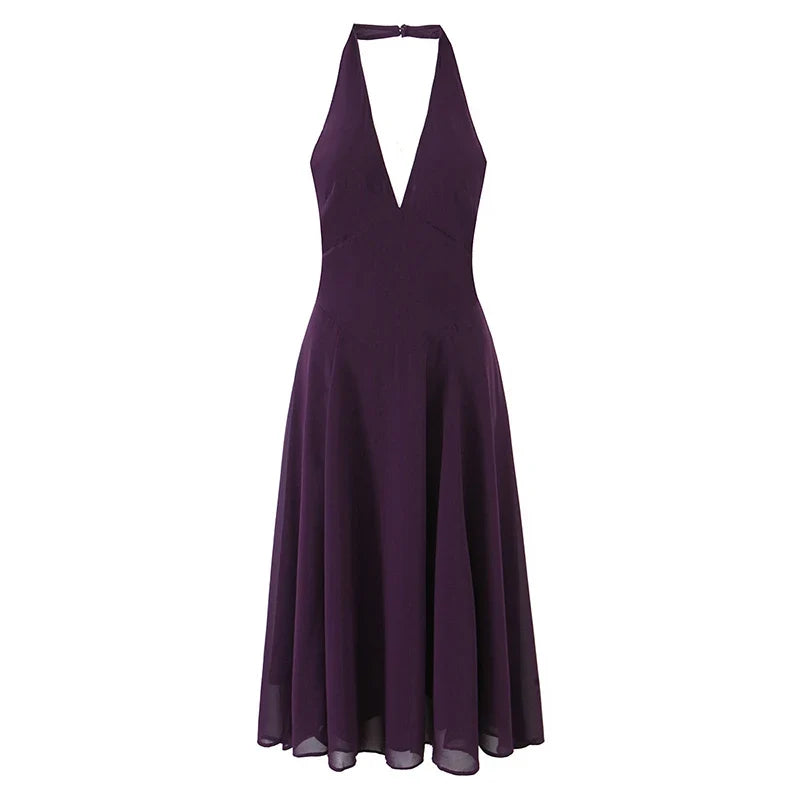 YENKYE Sexy Backless Elegant Purple Midi Long Halter Dress Women A-line Slim Casual Party Dresses Chic Lady Vacation Robe