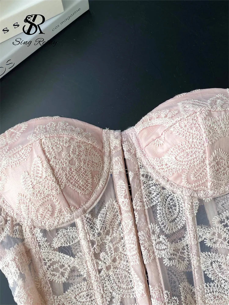 SINGREINY Floral Embroidery Sexy Club Top Female Strapless Slim Corset Backless Tank Top French Lace Up Basics Sheer Camisole