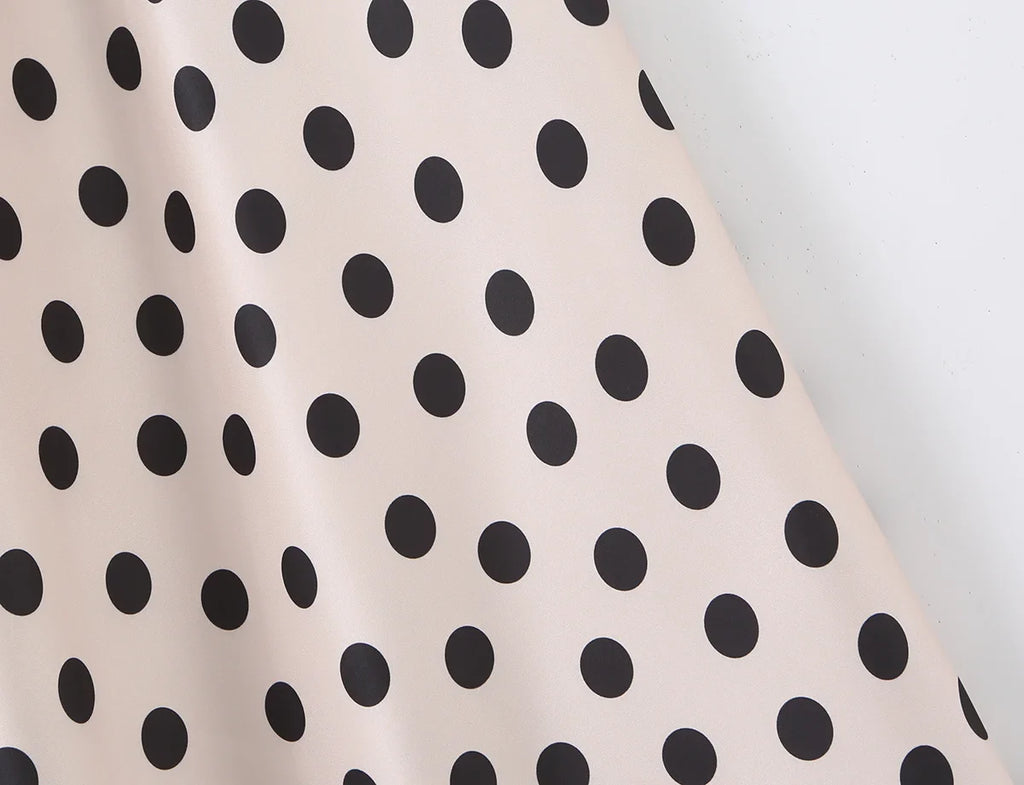2026 New Women's Polka Dot 2 Piece Outfit V Neck With Scarf Blouse + High Waist Lace Trim Mermaid Maxi Skirt Elegant Vintage Set