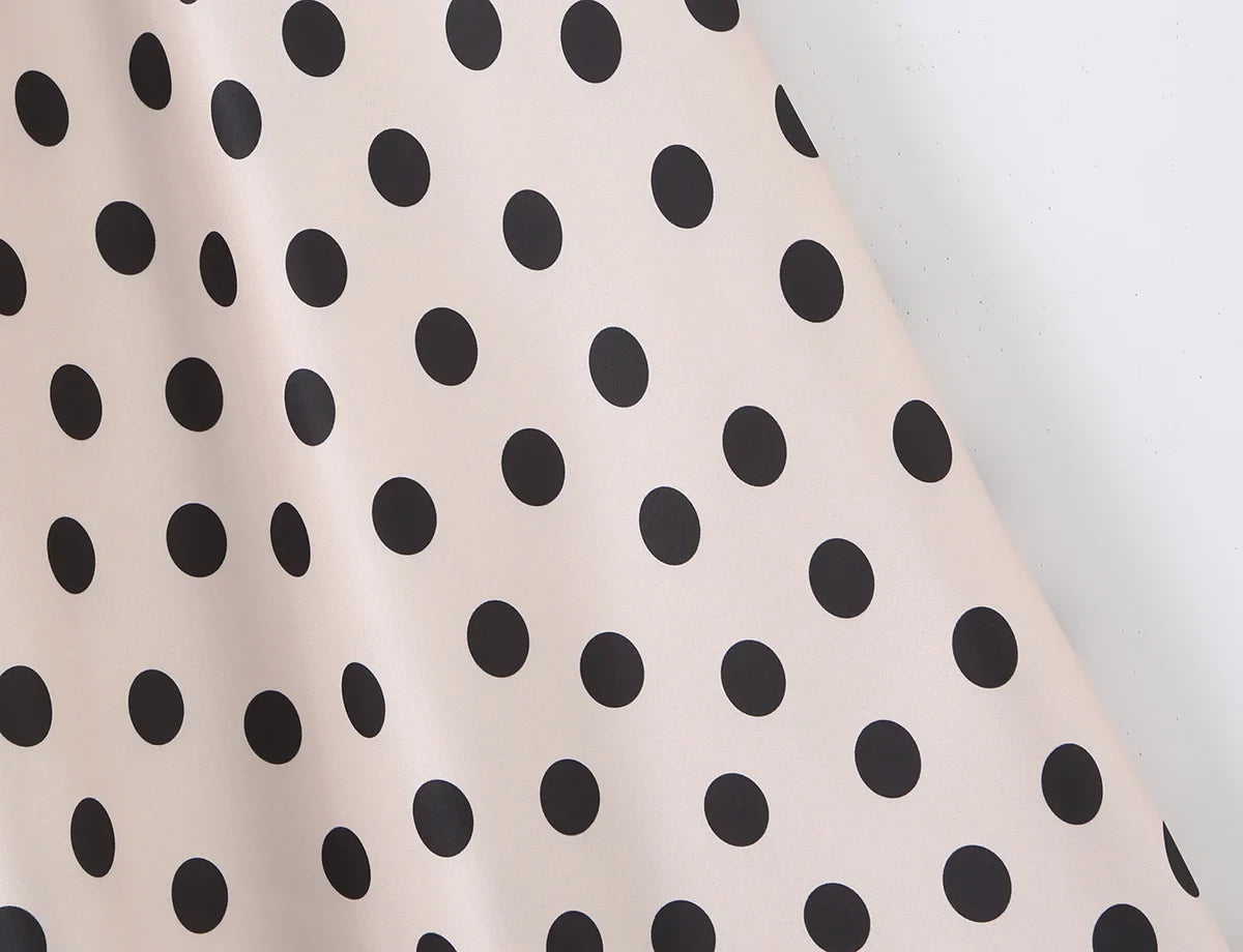 2026 New Women's Polka Dot 2 Piece Outfit V Neck With Scarf Blouse + High Waist Lace Trim Mermaid Maxi Skirt Elegant Vintage Set