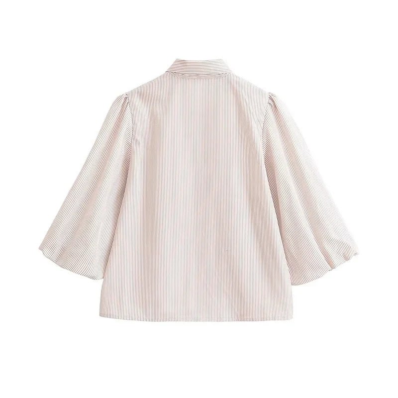 YENKYE 2026 Women Bow Tie Neck Striped Blouse Puff Sleeve Button Down Shirt Vintage Office Wear