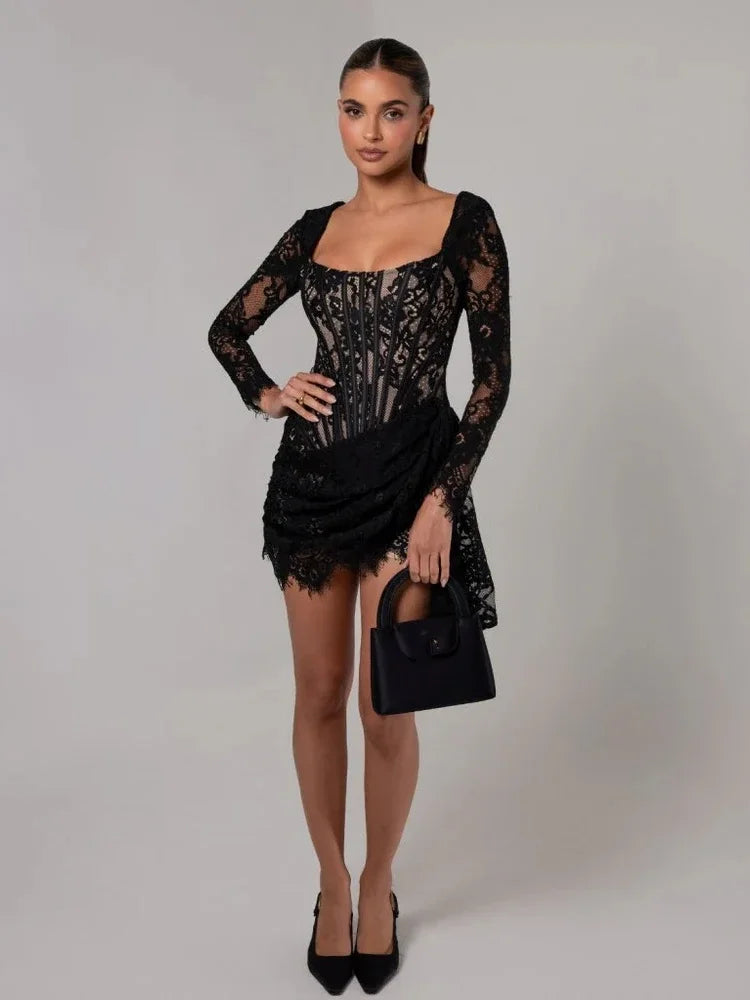 Sexy Long Sleeve Lace Corset Draped Mini Dress Women Black Square Collar Backless Ruched Bodycon Celebrity Party Runway Dress