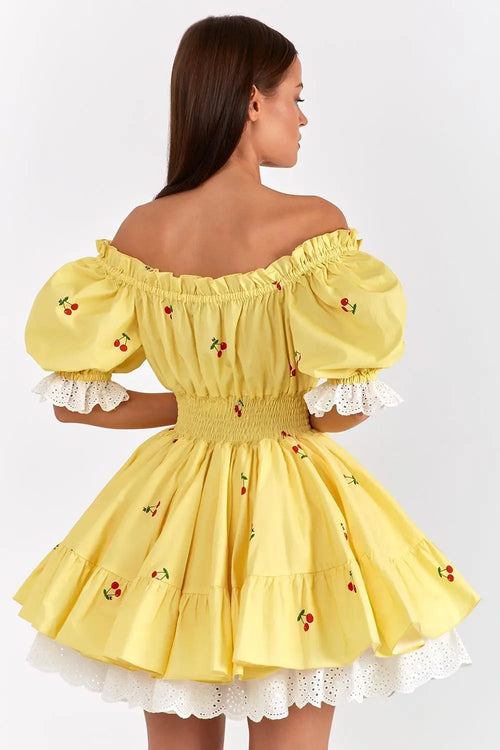 2024 Sweet Women Print Puff Sleeve Ruffles Lace-up  High Waist Mini Dress For Vocation Holiday Beach