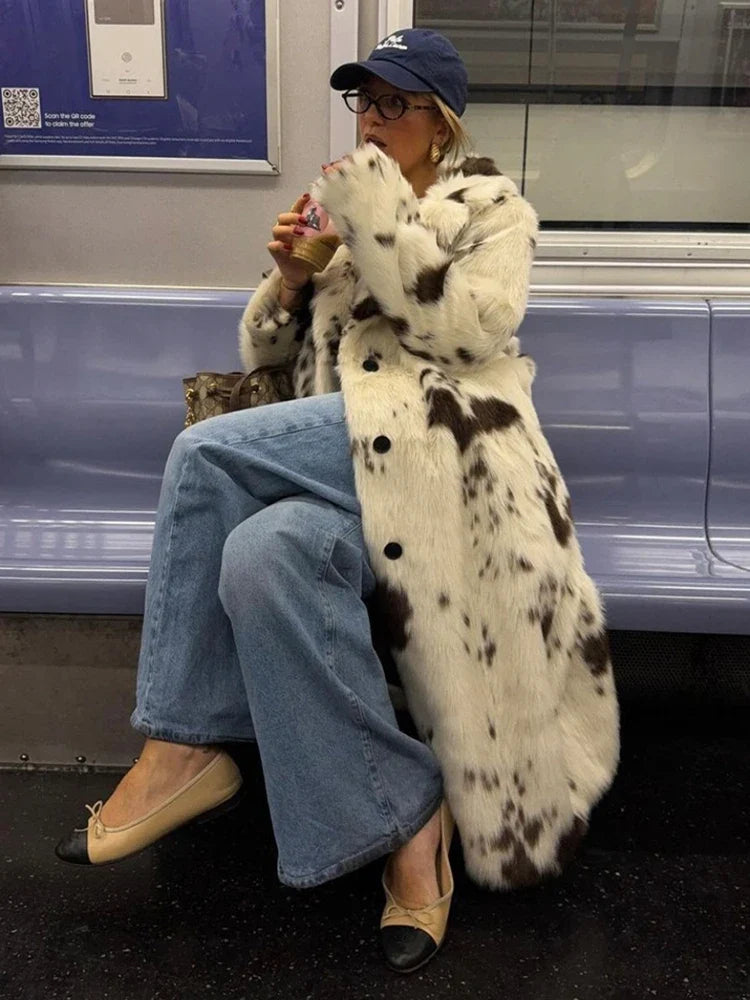 DEAT Fashion Tie Dye Faux Fur Coat Women's Lapel Loose Long Sleeves Plush Thick Overcoat Winter New 7A1355