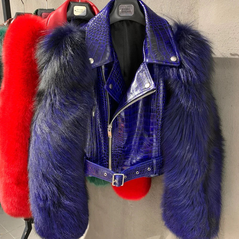 Women Leather Jacket Fur Sleeve Lady Jackets Leather Fur Fox Sleeve Ladies Biker Jacket Leather with Real Fur Sleeve 952-36