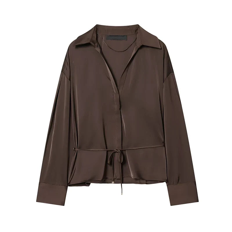 YENKYE New 2026 Women Elegant With Belt Satin Shirt Long Sleeve Front Button Spring Summer Office Shirts