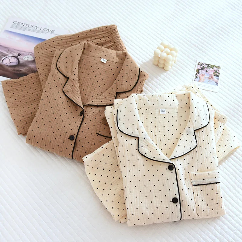 100% Cotton Gauze Women Pajamas Polka Dot Print Sleepwear 2025 Spring Female 2 Piece Set Nightwear Lady Pyjamas Loungewear