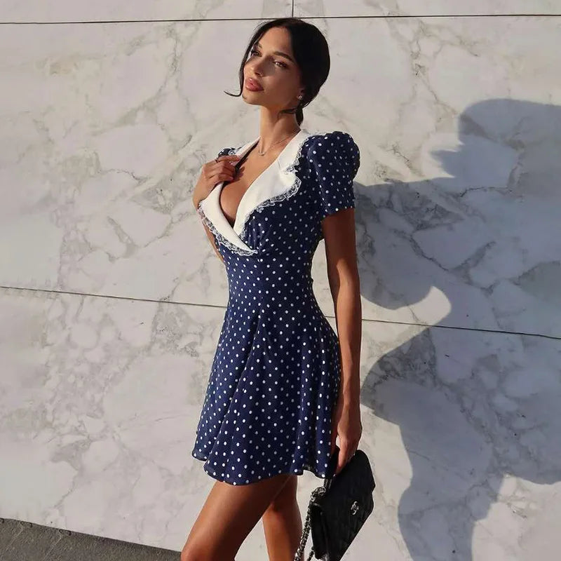 Tornova Flower Print Puff Sleeve Dress Women's Lapel Sexy Slim Mini French Dress Elegant Contrast Party Dress Female Fashion