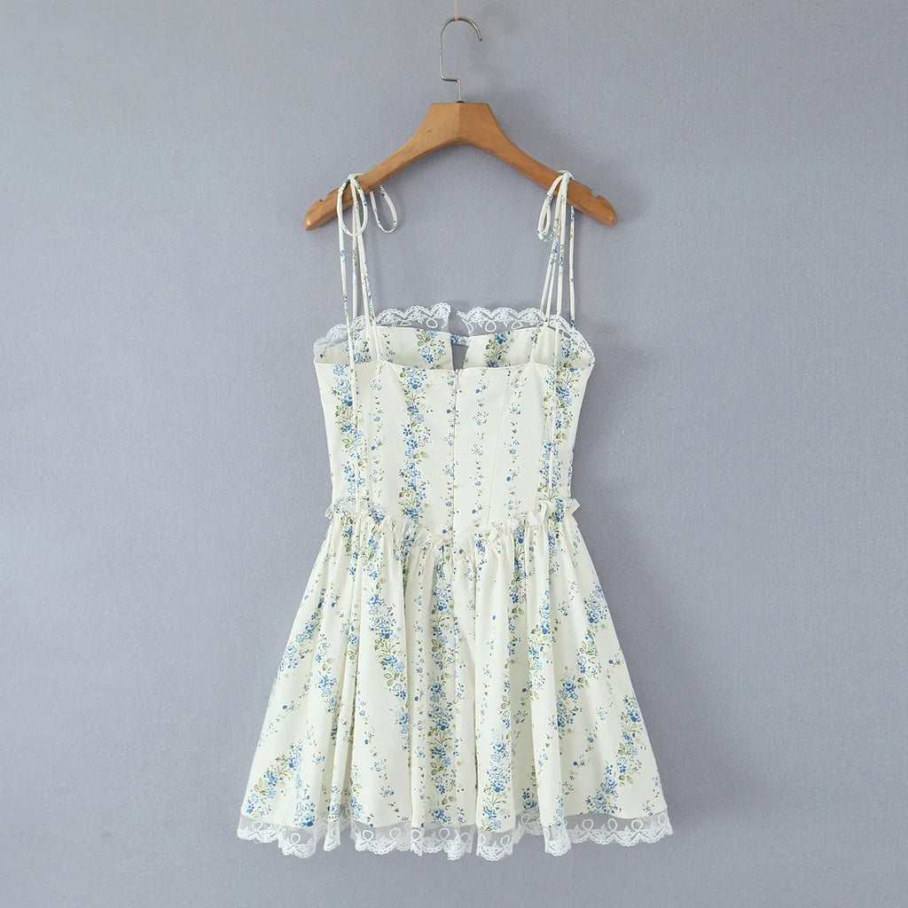 2025 Sexy Floral Print Spliced Lace Collar Corset style Lacing up Sling Dress Women Wood ears Low Waist Swing Mini Dresses Robe
