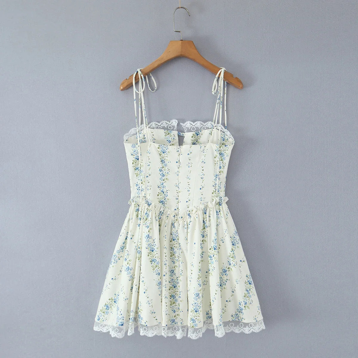 2025 Sexy Floral Print Spliced Lace Collar Corset style Lacing up Sling Dress Women Wood ears Low Waist Swing Mini Dresses Robe