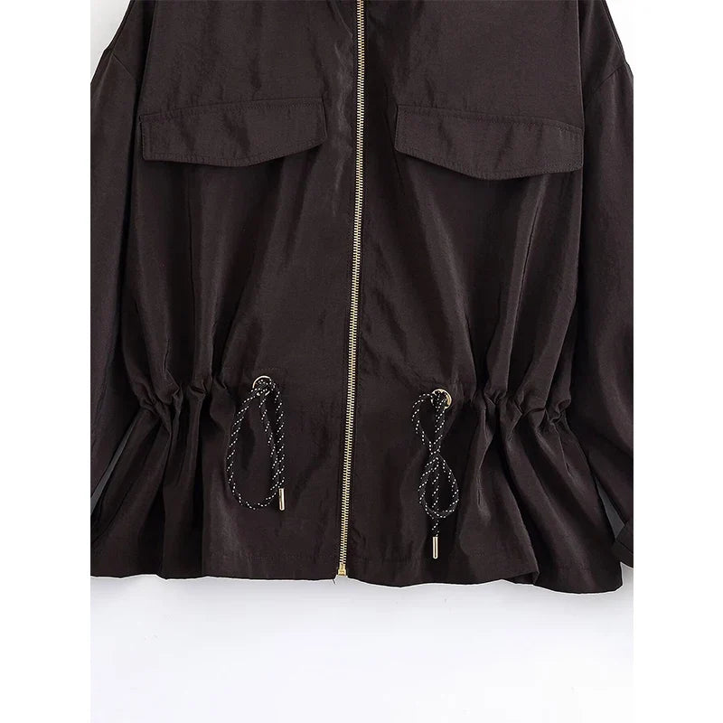 YENKYE Adjustable Drawstring Waist  Safari Jacket For Women Long Sleeve Stand Collar Autumn Coat Female Streetwear