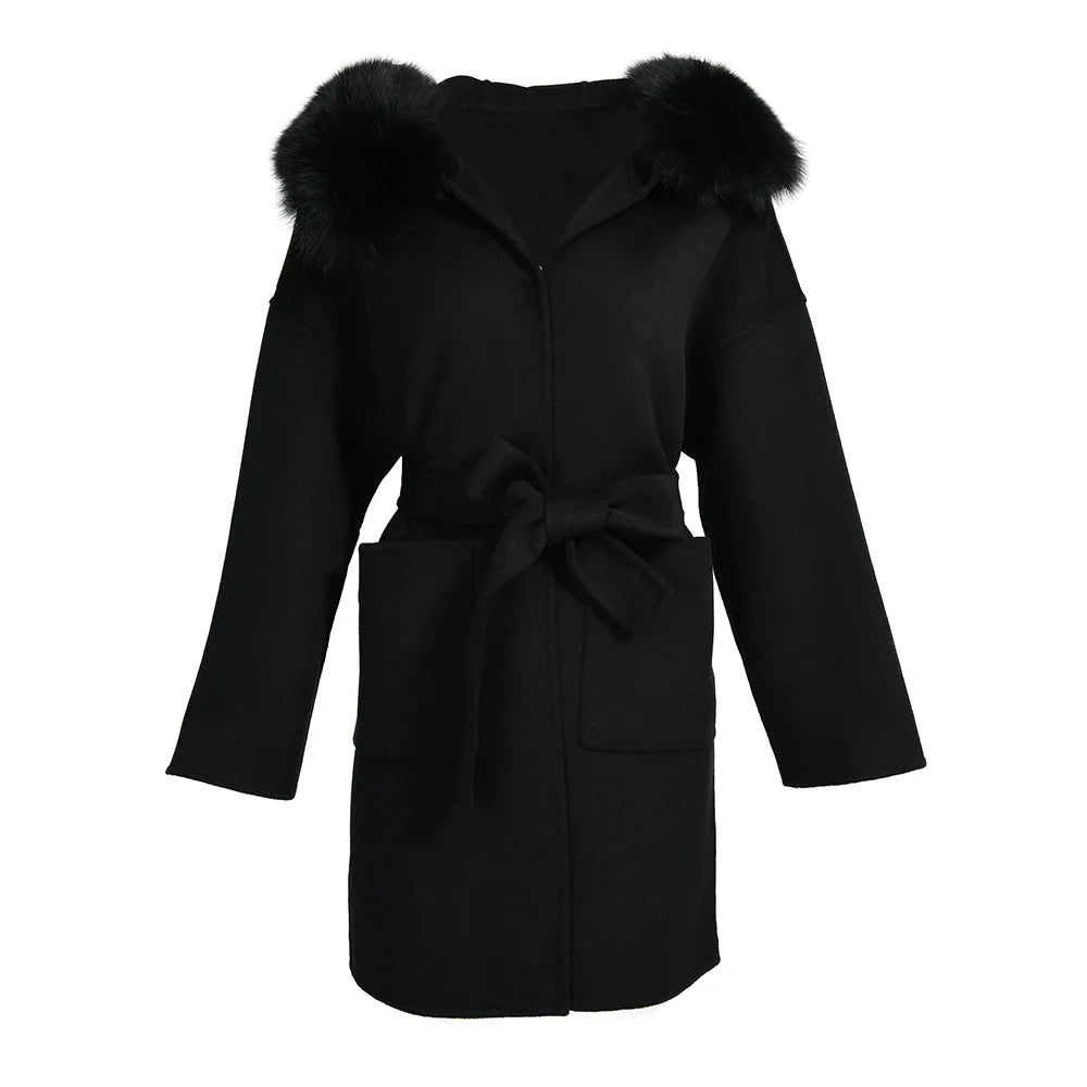 Jaxmonoy Women's Wool & Blends Coat With Real Fox Fur Ladies Autumn Winter Fashion Warm Loose Jacket with Hooded New in Outwear