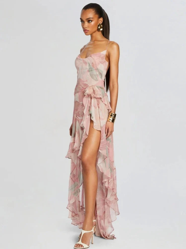 Summer Sexy Spaghetti Strap Printed Ruffles Long Dress Women Pink Sleeveless Backless Flower Dresses Holiday Party Sundress
