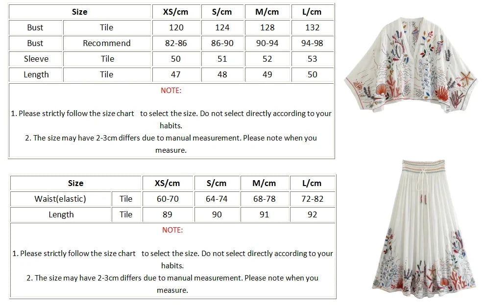 Foridol Marine Organism Embroidery Batwing Sleeve Summer Spring Maxi Skirt Set Cotton White Tassle Dress Set Outfits Button Suit