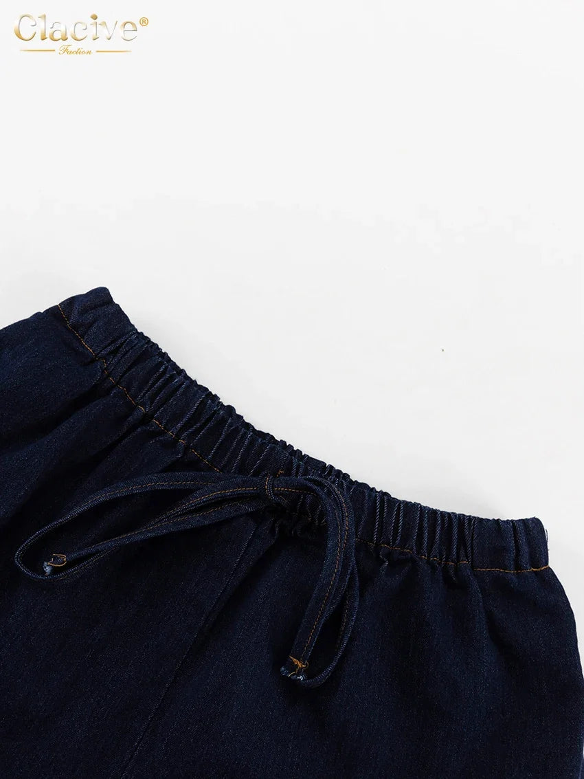 Clacive Summer Loose Blue Denim 2 Piece Sets Women Outfit 2025 Fashion Sleeveless Tank Top With High Waist Shorts Set Streetwear