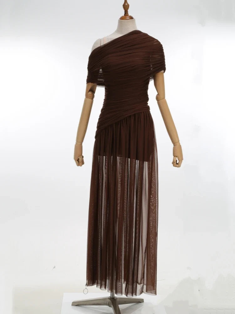 Sexy One Shoulder Ruched Design Long Dress Women Blue Brown Mesh Diagonal Collar Folds Slim Dresses Evening Party Cocktail Gowns