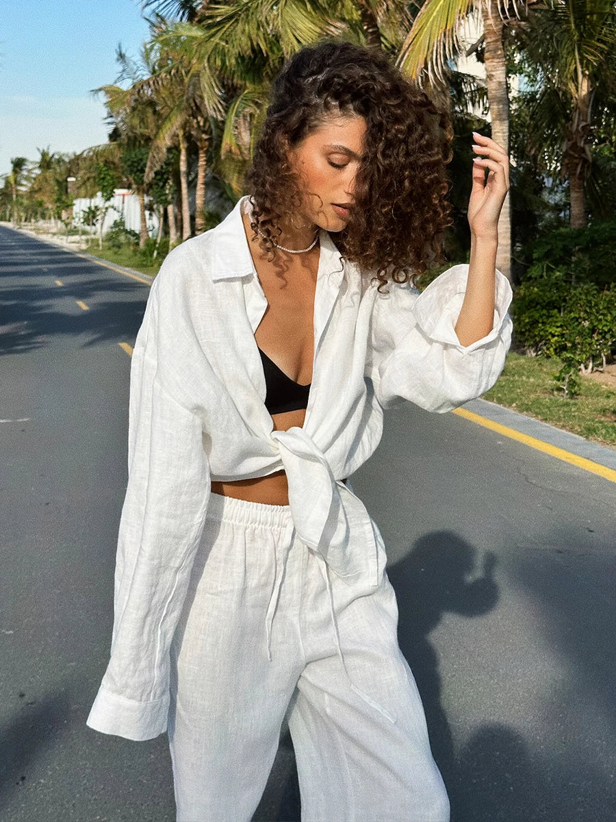 Bornladies Cotton Casual Pants Sets Women's Solid Color Cozy Lapel Long Sleeve Shirt Summer Outfit Elastic Waist Pants Suits