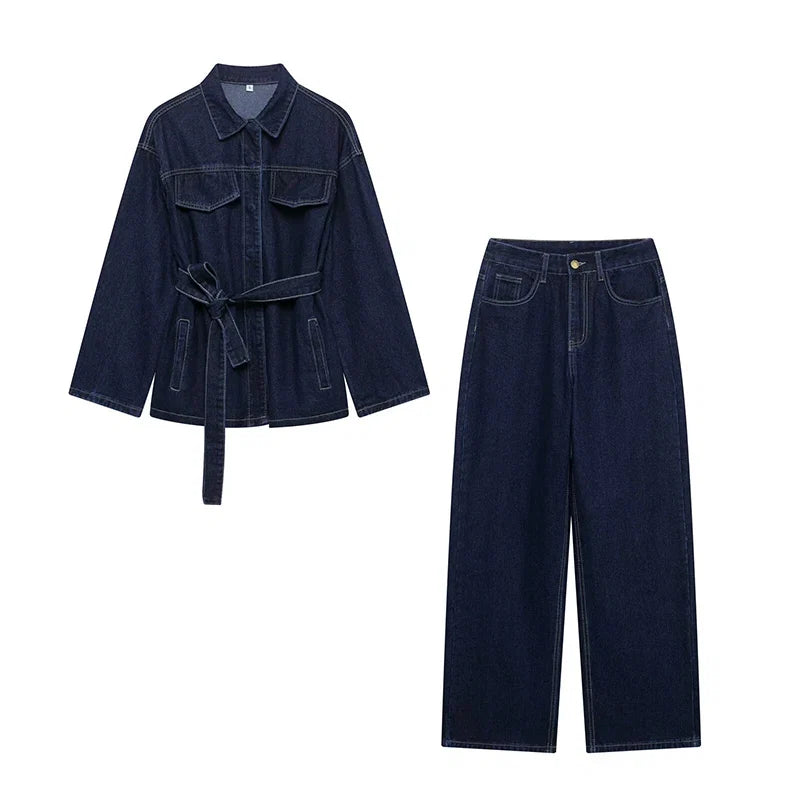 YENKYE Vintage With Belt Denim Jackets Women Y2K Lapel Single Breasted Pockets Coat 2025 Spring Lady Outfits Streetwear