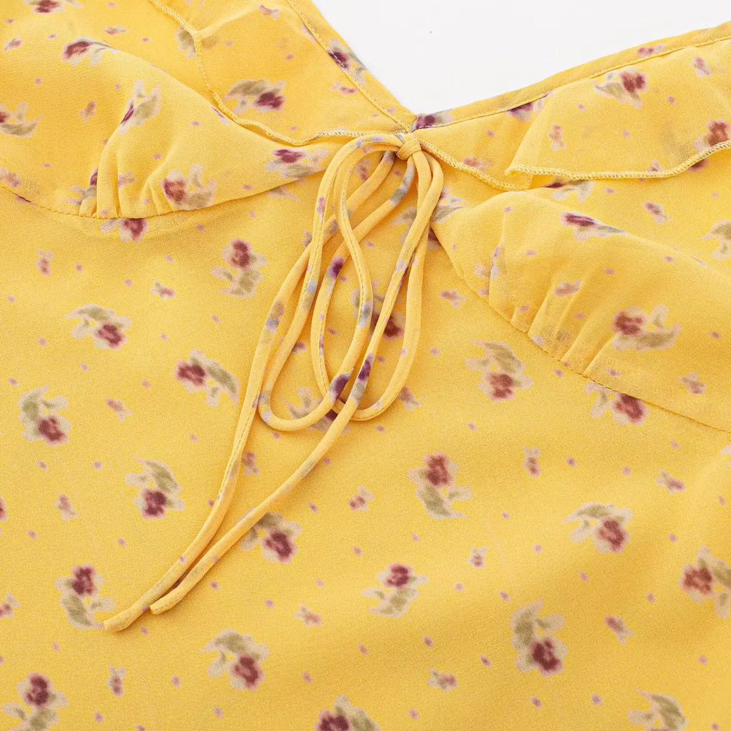 2026 Summer Women Yellow Floral Print V neck Ruffles Strap Sling Dress Slim Waist Side Zipper A-lined Short Tank Dresses Robe
