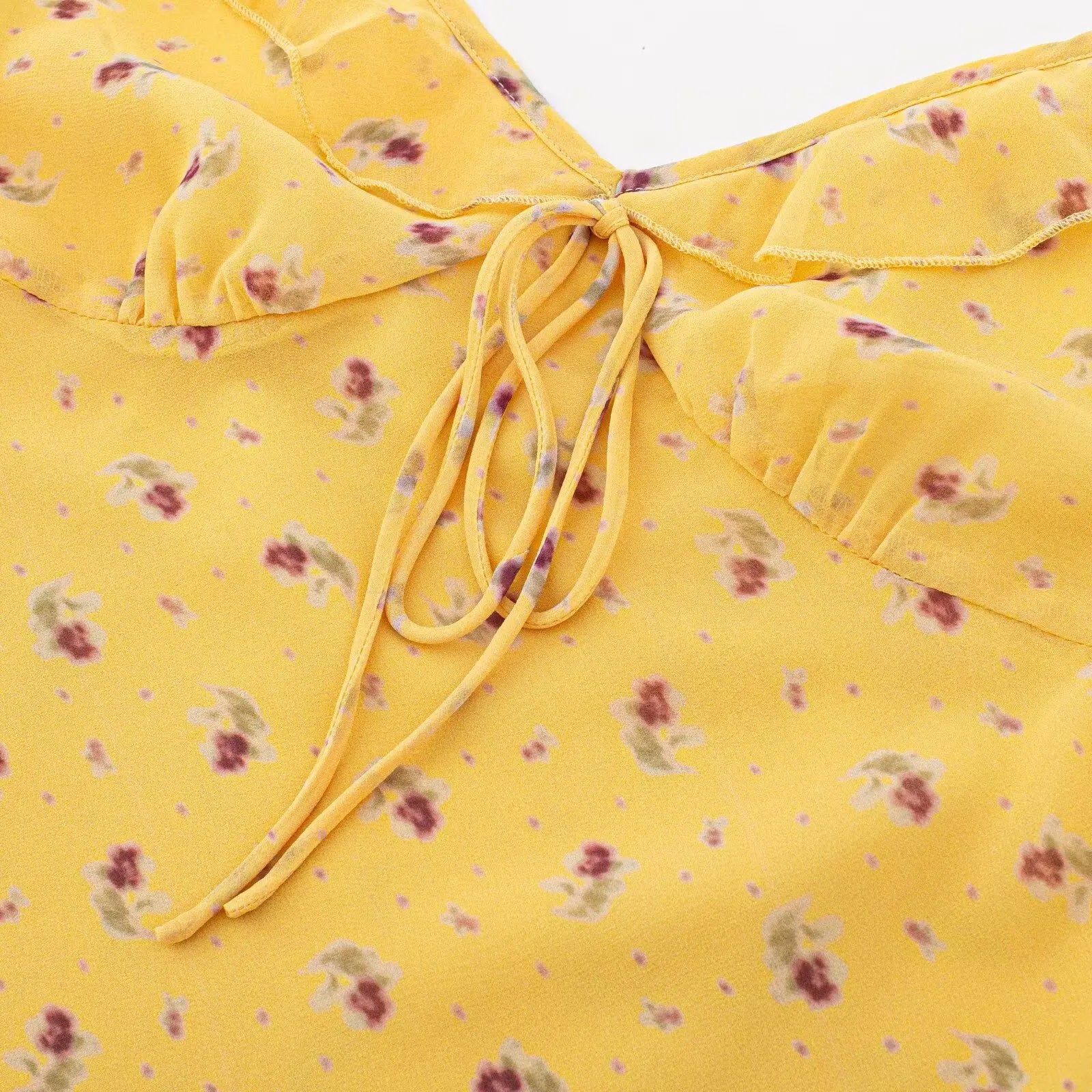 2026 Summer Women Yellow Floral Print V neck Ruffles Strap Sling Dress Slim Waist Side Zipper A-lined Short Tank Dresses Robe