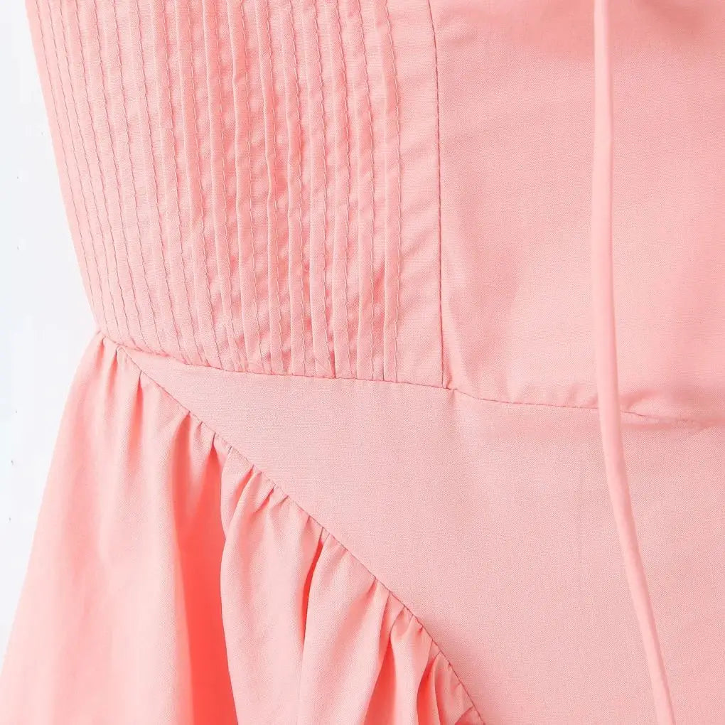 2024 Sexy Pink Corset Style Bow Halter Dress Spliced Lace Drawstring Rope Chest Pleated Slim Low Waist A-lined Swing Midi Robe