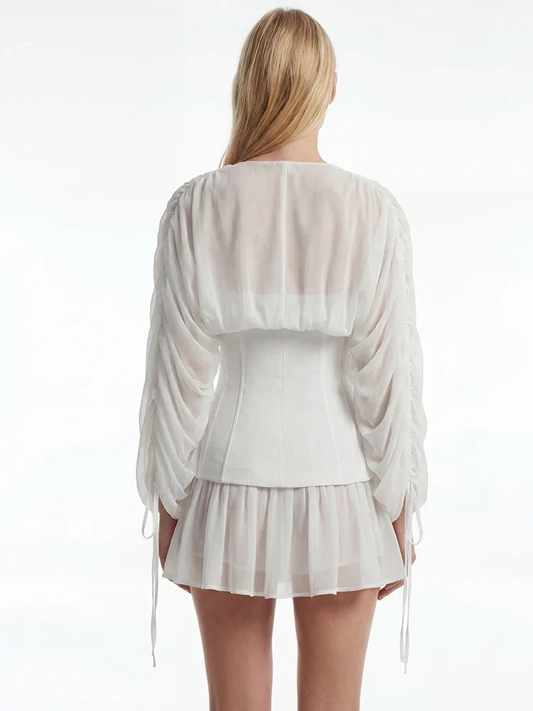 VC Elegant White Corset Mini Dress for Women V-Neck Chiffon Long Sleeve Lace-Up Waist Slim Fit Ruffle Hem Women's Casual Dresses