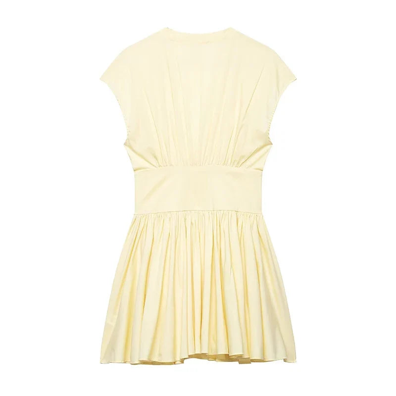 YENKYE New 2026 Women Short Sleeve Deep V Neck Pleated  A-line Mini Dress Casual Summer Vestidos