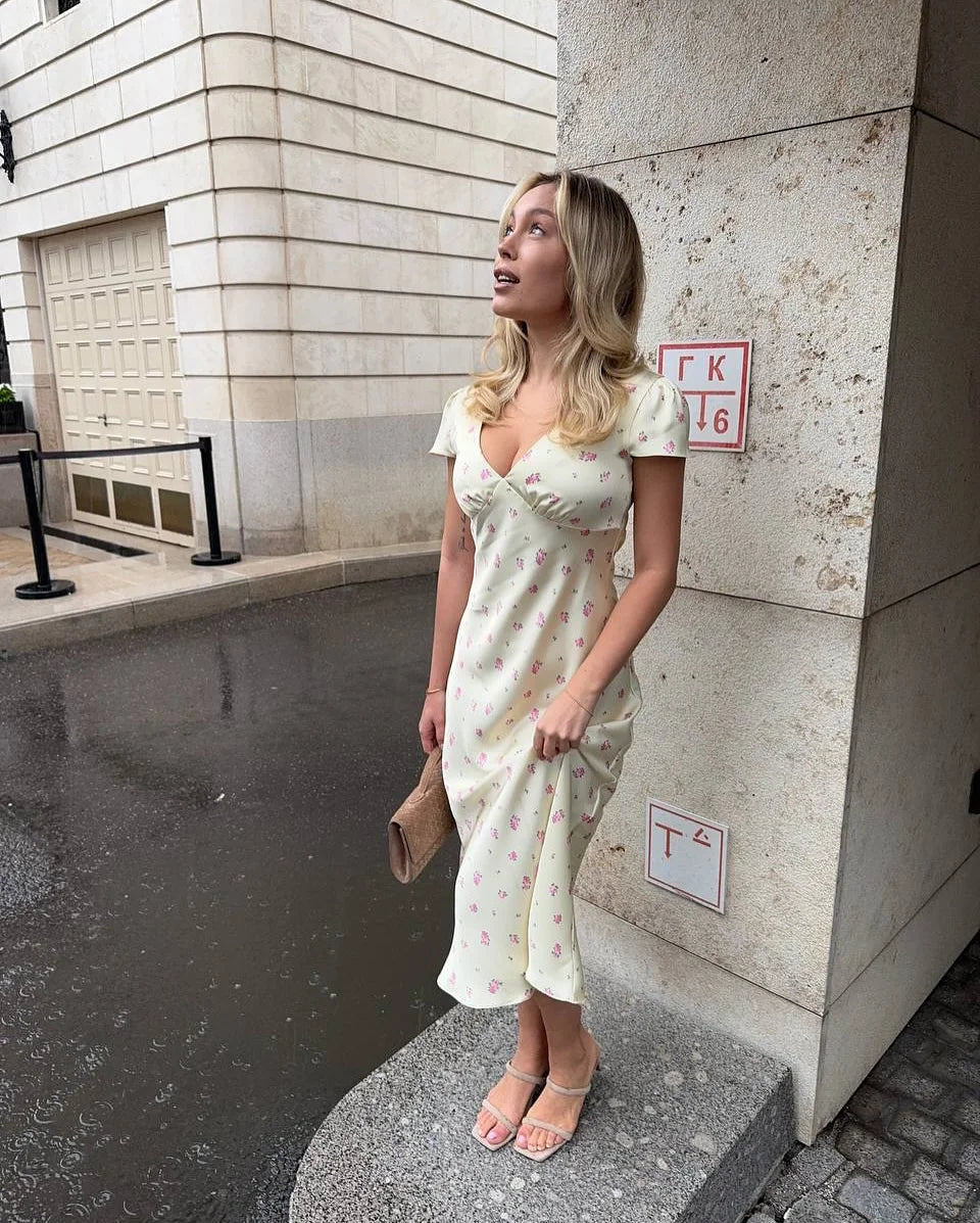 Tuularose Floral Print Long Dress Women's Sexy V Neck Short Sleeve High Waist Dress Female Fashion Casual Vacation Slim Dresses