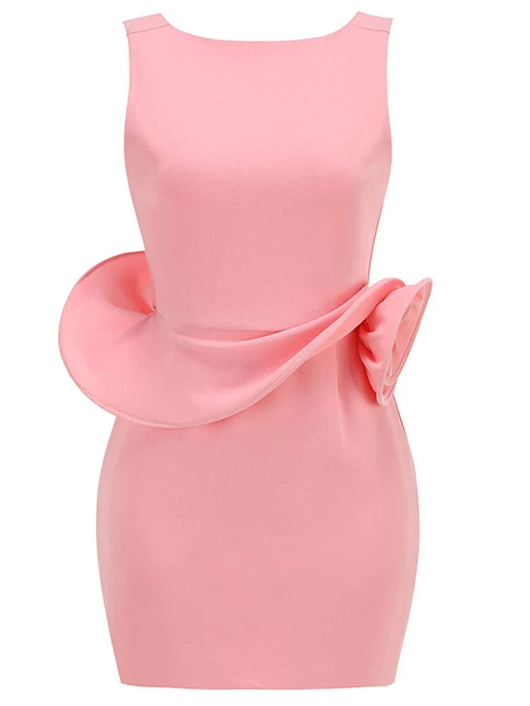 TWOTWINSTYLE Solid Spliced Appliques Elegant Mini Dresses For Women Round Neck Sleeveless High Waist Minimalist Dress Female New