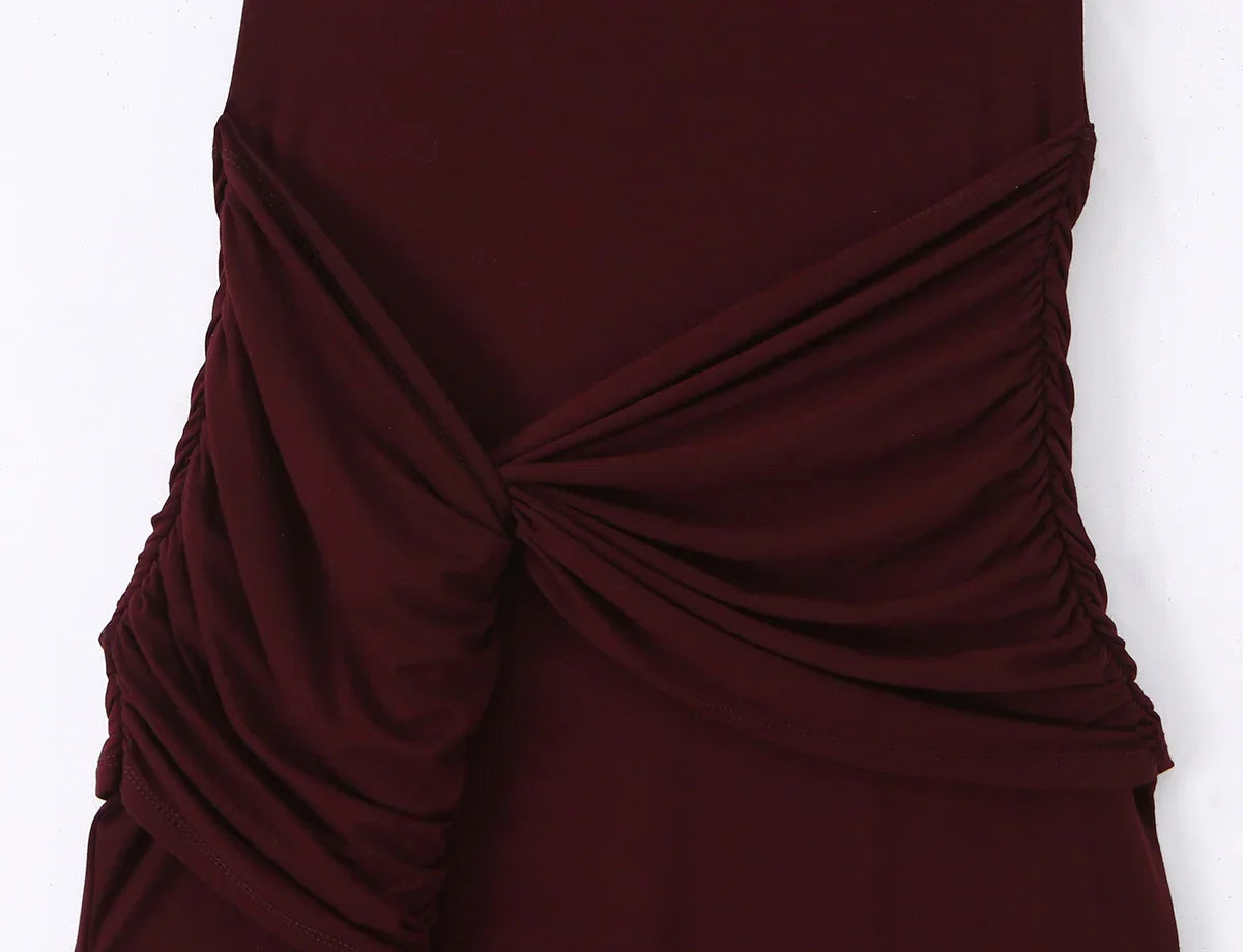 YENKYE Sexy Women's Burgundy Sleeveless Ruched Bodycon Maxi Dress Twist Waist Mermaid Formal Evening Gown for Wedding Party