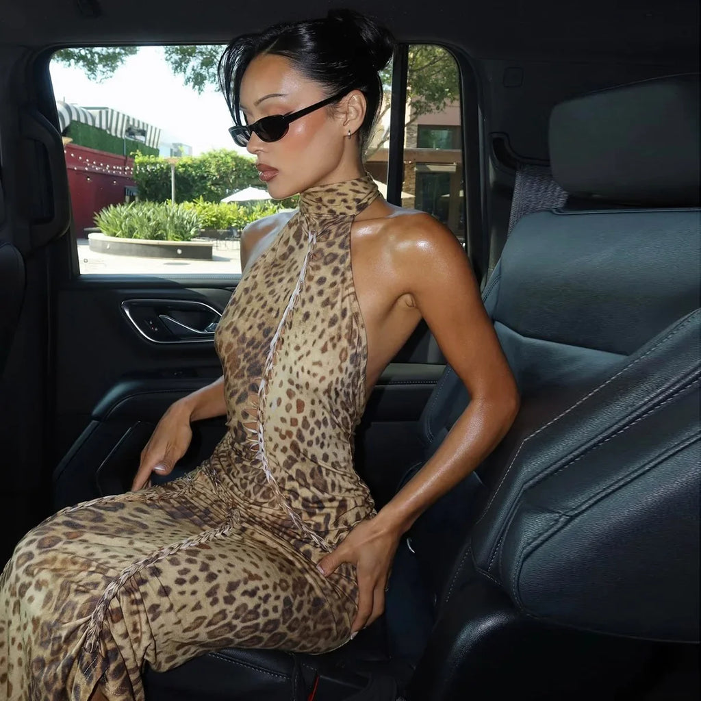 Cryptographic Fashion Halter Leopard Sexy Backless Maxi Dress Women Club Outfits Bandage Embellished Long Dresses Robe Clothes
