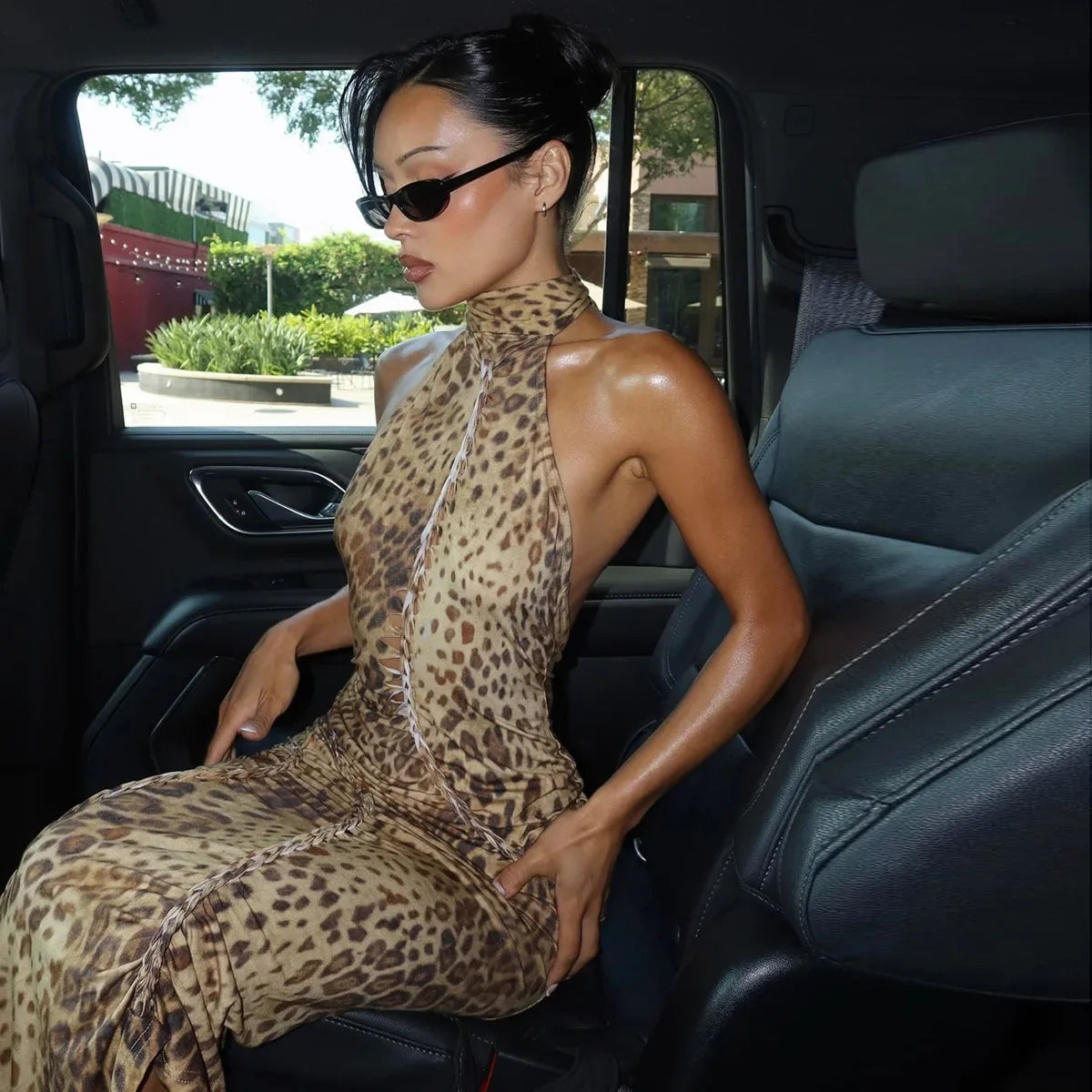 Cryptographic Fashion Halter Leopard Sexy Backless Maxi Dress Women Club Outfits Bandage Embellished Long Dresses Robe Clothes