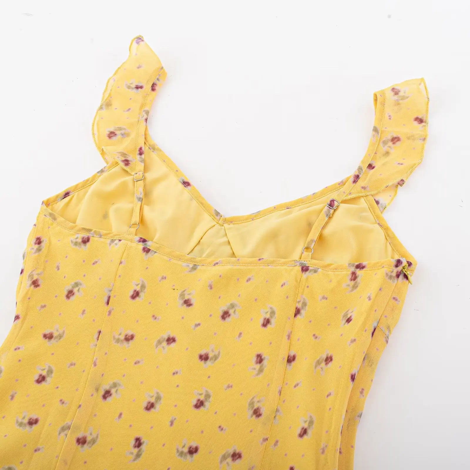 2026 Summer Women Yellow Floral Print V neck Ruffles Strap Sling Dress Slim Waist Side Zipper A-lined Short Tank Dresses Robe