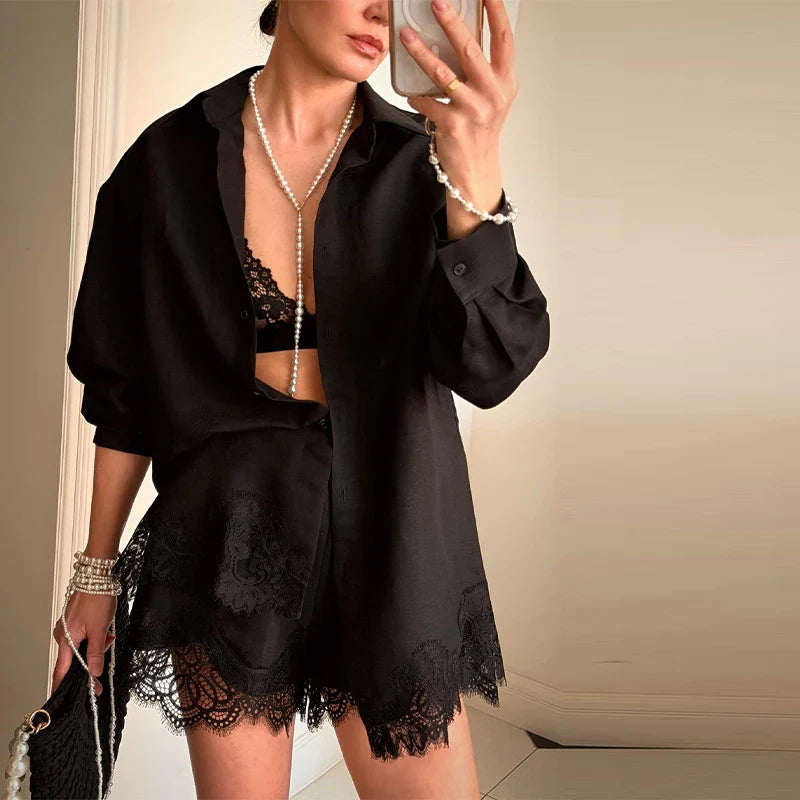 Beach Shirts Shorts Outfits Women Lapel Single Breasted Long Sleeves Lace Patchwork Sets Female 2026 Spring Summer Holiday Sets