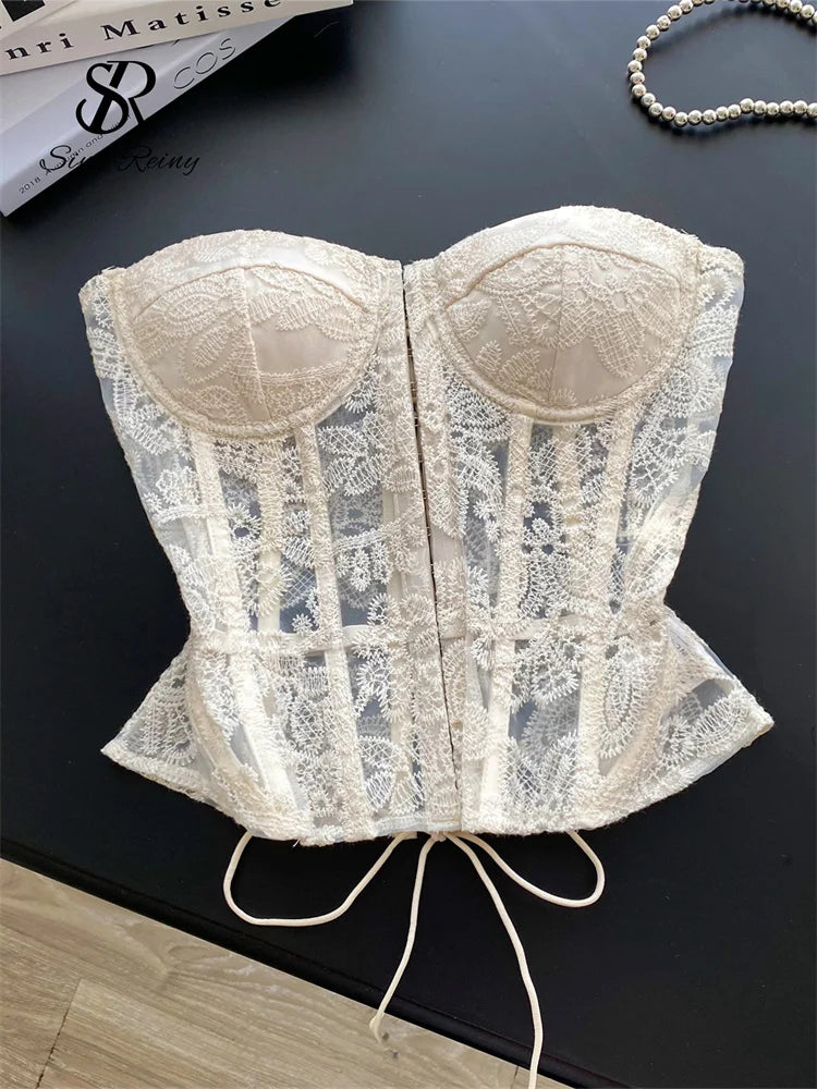 SINGREINY Floral Embroidery Sexy Club Top Female Strapless Slim Corset Backless Tank Top French Lace Up Basics Sheer Camisole
