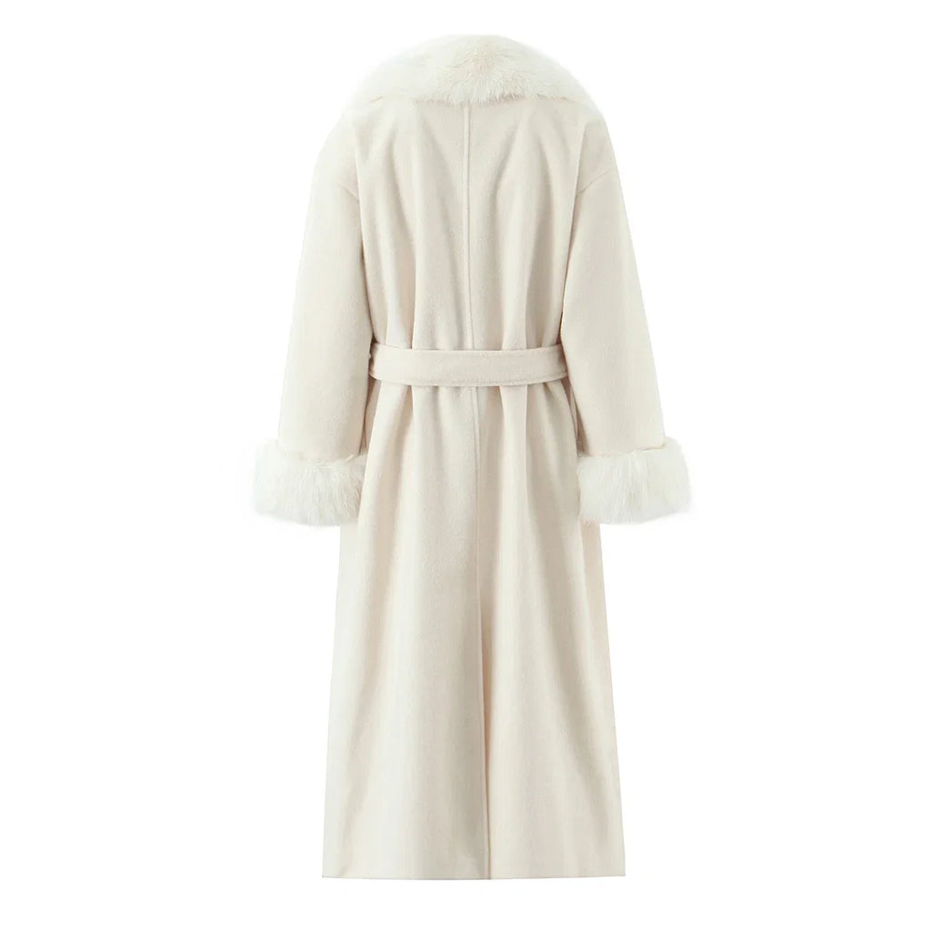 New Autumn Winter Black Shaggy Faux Fur Lapel Collar Woolen Coat Women Bow Sashes Long Sleeve No Button Midi Trench Outerwear