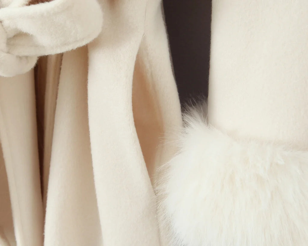 New Autumn Winter Black Shaggy Faux Fur Lapel Collar Woolen Coat Women Bow Sashes Long Sleeve No Button Midi Trench Outerwear