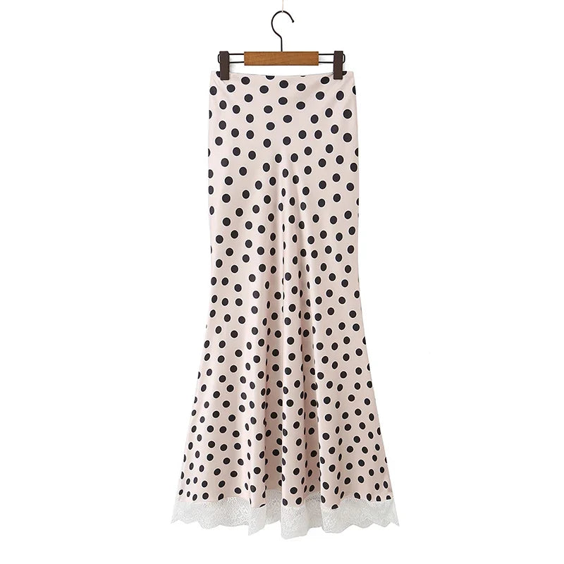2026 New Women's Polka Dot 2 Piece Outfit V Neck With Scarf Blouse + High Waist Lace Trim Mermaid Maxi Skirt Elegant Vintage Set