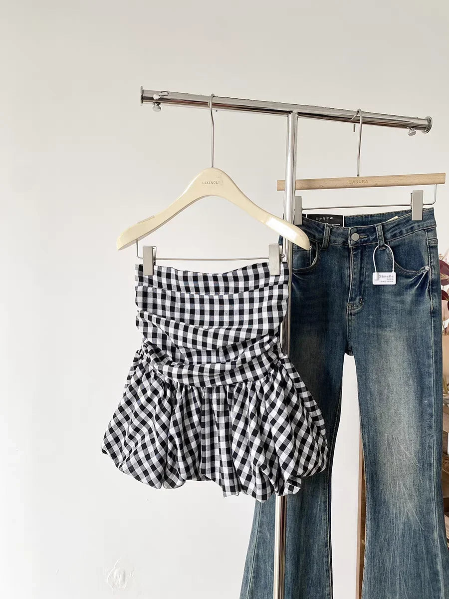 Ruffle Peplum Tube Cami Top: Waist-Cinching Sleeveless Crop Top Korean Style Chic Summer 2025 Bandeau For Petite Girl