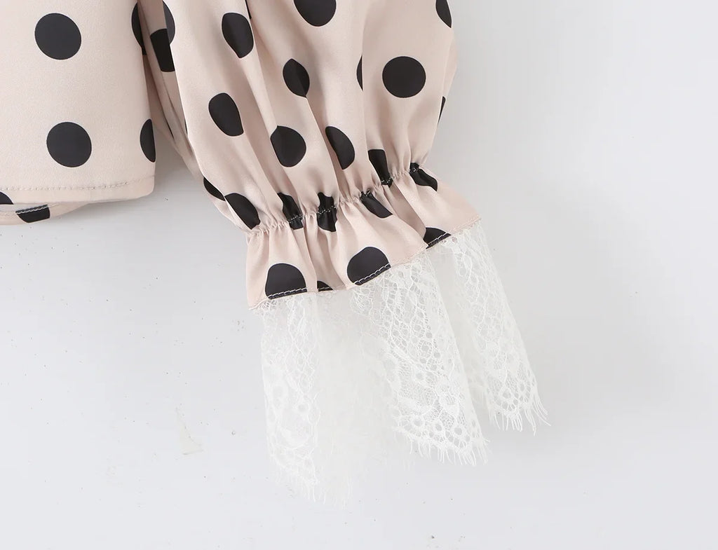 2026 New Women's Polka Dot 2 Piece Outfit V Neck With Scarf Blouse + High Waist Lace Trim Mermaid Maxi Skirt Elegant Vintage Set